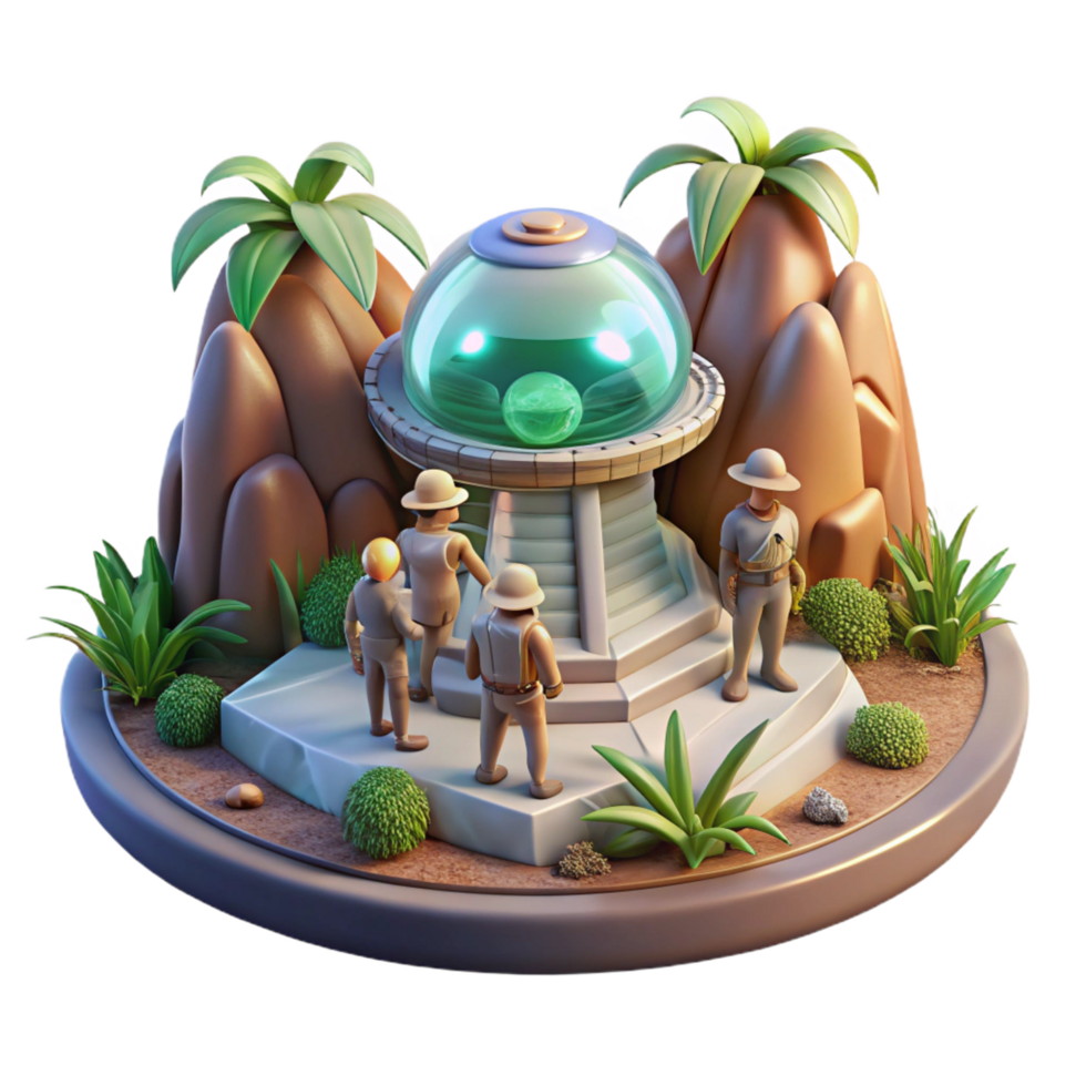 sumptuous standout A group of explorers discovering a hidden alien temple on a jungle planet. Pulp sci fi style. Adventure lighting png