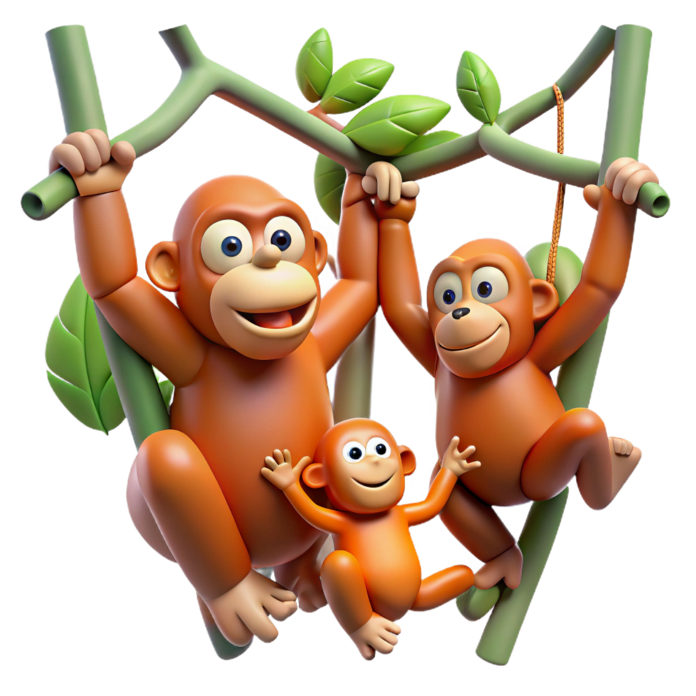 spectacular art deco A family of orangutans swinging through the trees, lush jungle setting, playful and energetic style crisp png