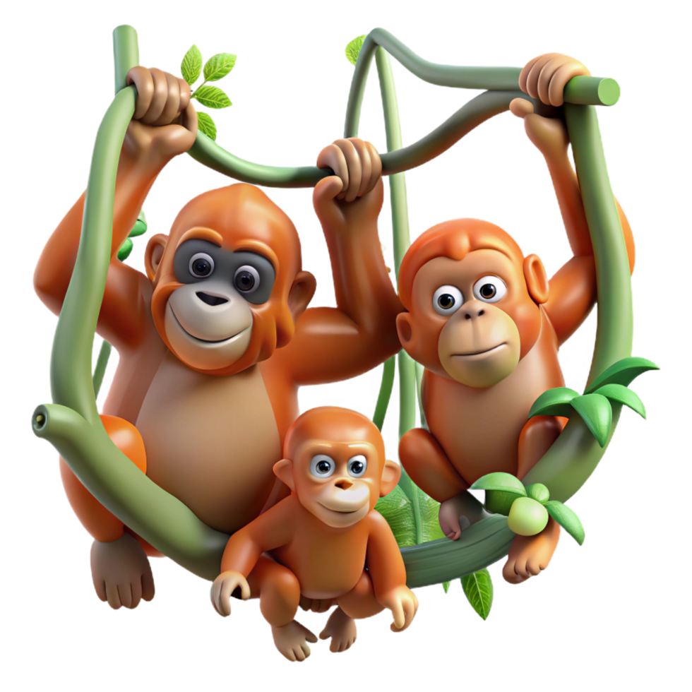 joyful fascinating A family of orangutans swinging through the trees, lush jungle setting, playful and energetic style fine detail png