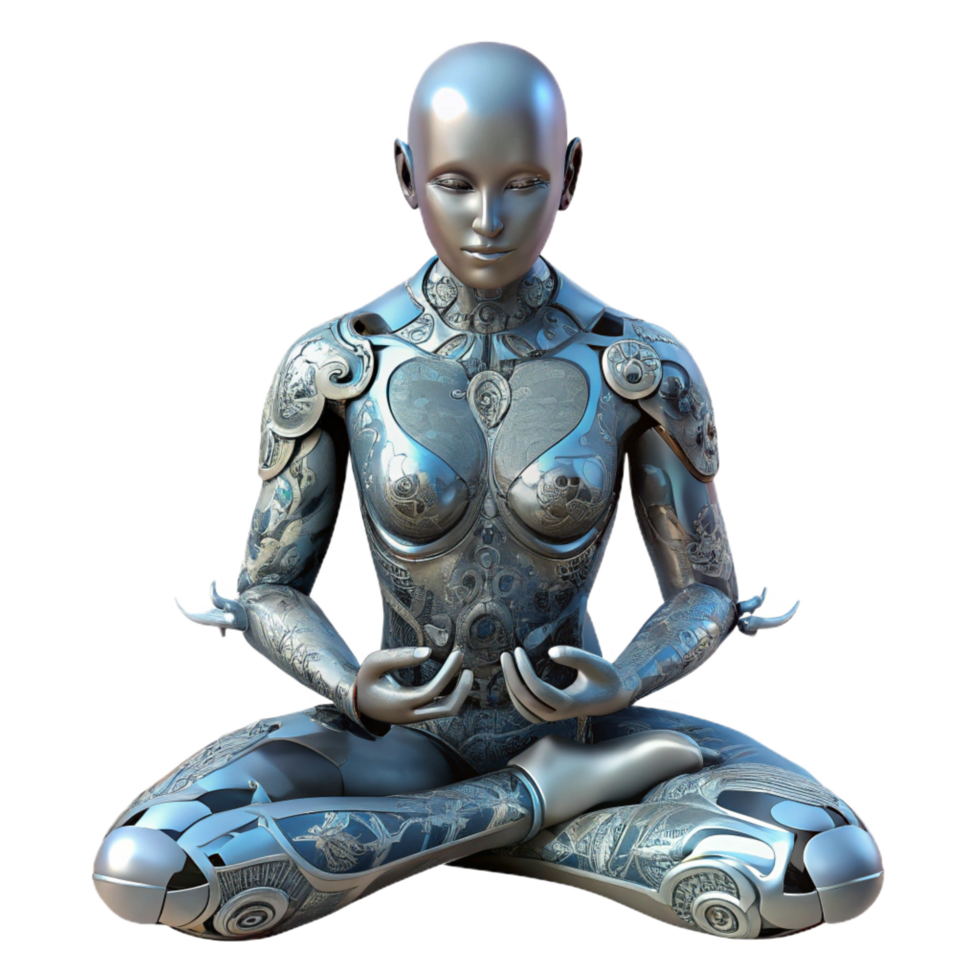 signature renaissance A cyborg with intricate floral patterns etched into their metallic skin meditates in a zen garden on a futuristic space station. Cyberpunk style, soft lighting expertly shot png
