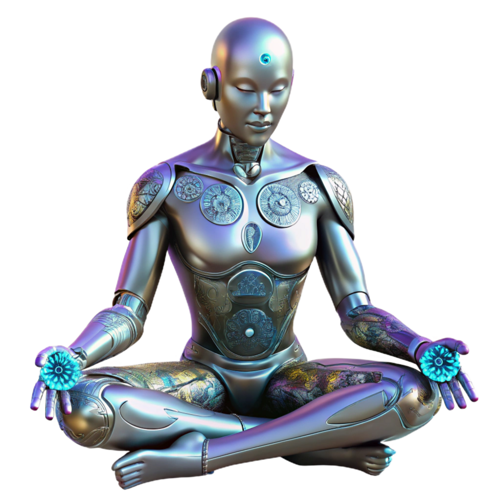 majestic tranquil elegant A cyborg with intricate floral patterns etched into their metallic skin meditates in a zen garden on a futuristic space station. Cyberpunk style, soft lighting detailed png