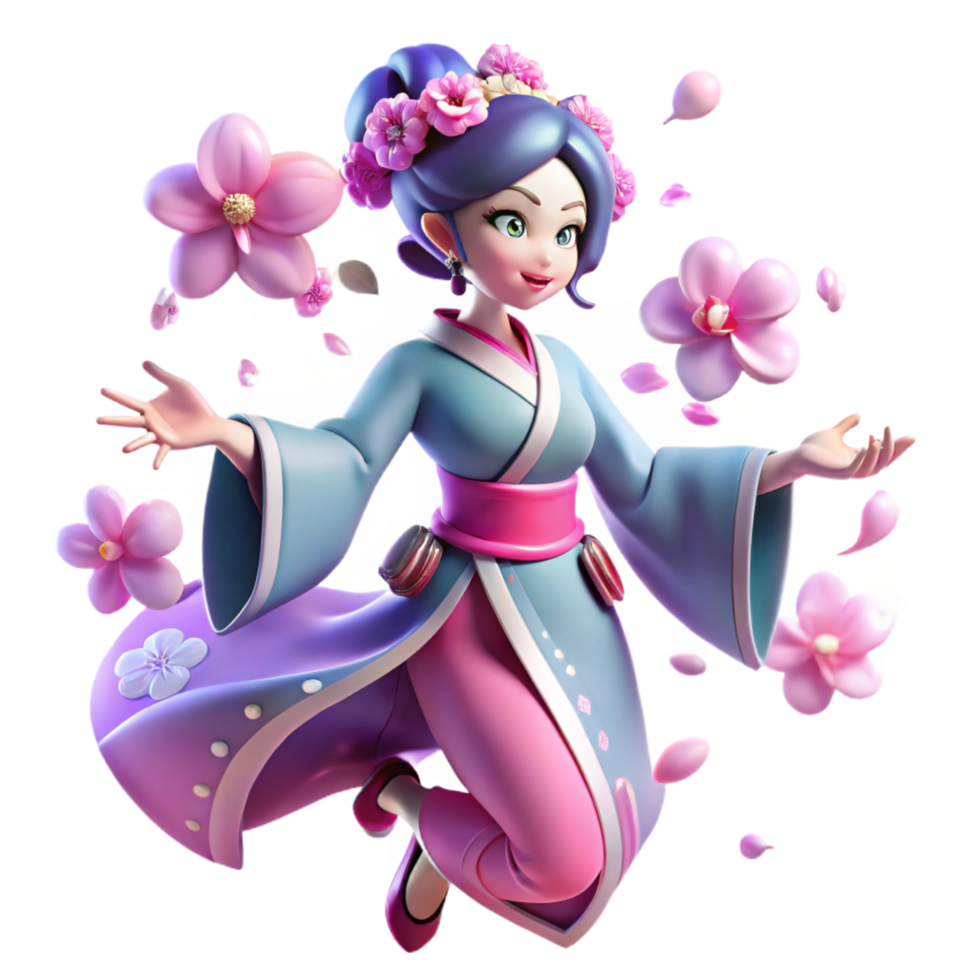harmonious impressive A futuristic, holographic geisha performs a traditional dance in a zero gravity environment, surrounded by floating cherry blossoms. Anime style, vibrant colors perfect clarity png