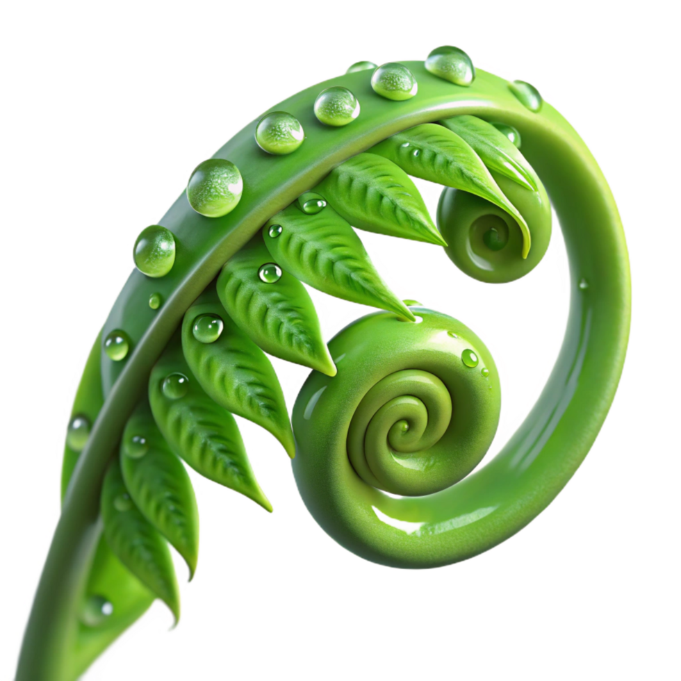 breathtaking distinguished A lush, green fern frond unfurling, dew drops clinging to its delicate surface, soft morning light, macro photography, ethereal mood, png