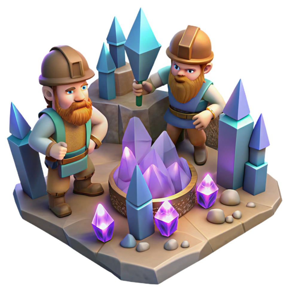 spectacular signature A group of dwarves mining for gems in a cavern lit by glowing crystals, intricate details, realistic style png
