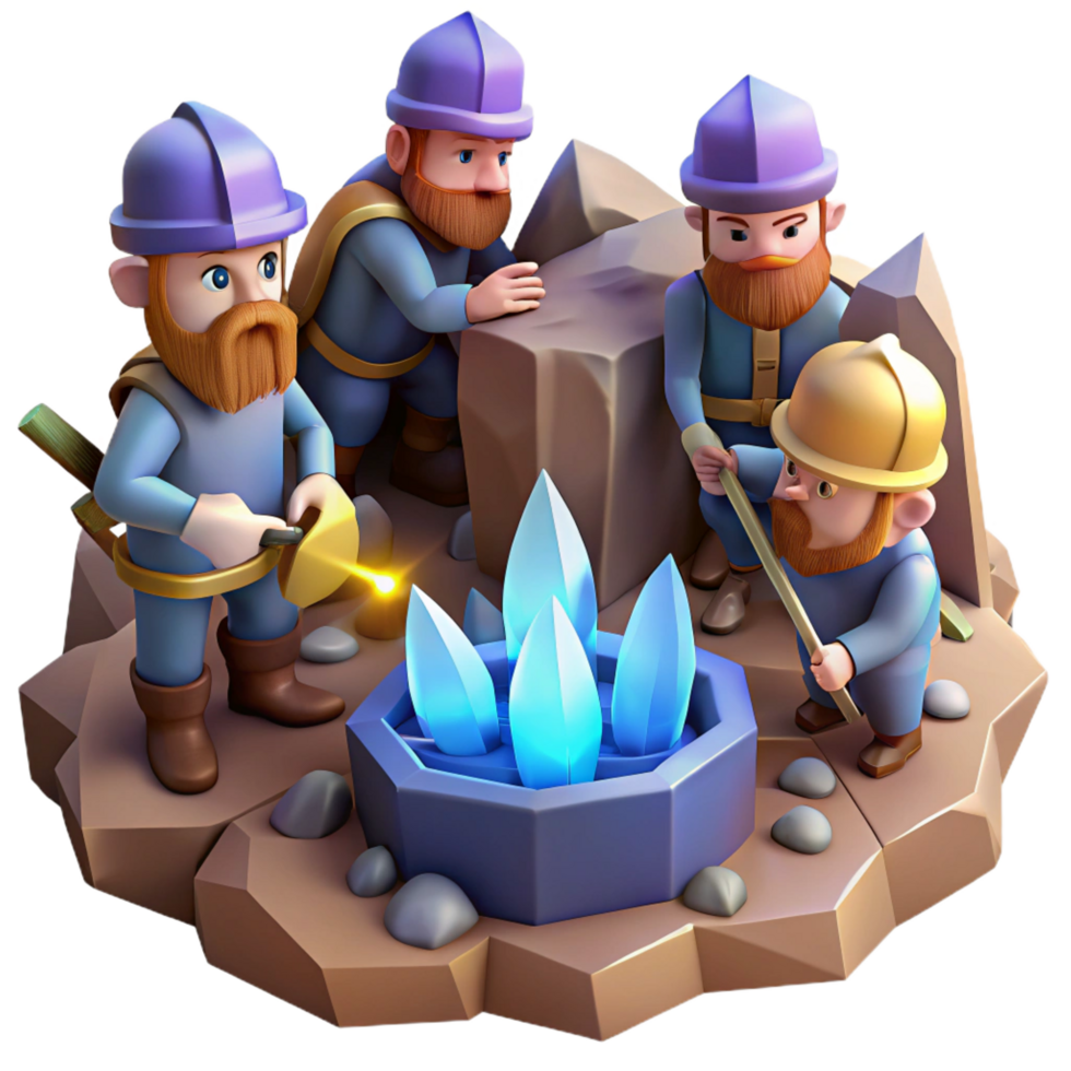 remarkable organic A group of dwarves mining for gems in a cavern lit by glowing crystals, intricate details, realistic style detailed png