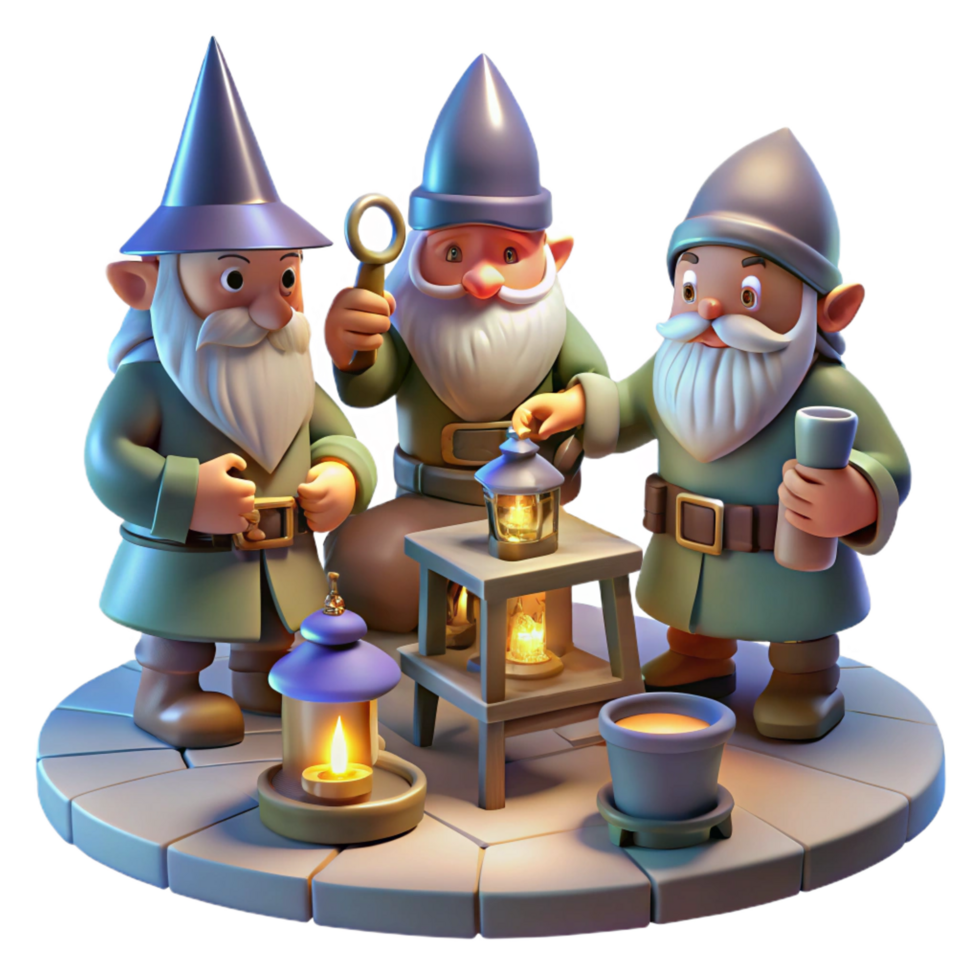 beautiful nordic A group of gnomes crafting magical artifacts in a workshop lit by glowing lanterns, intricate details elite png