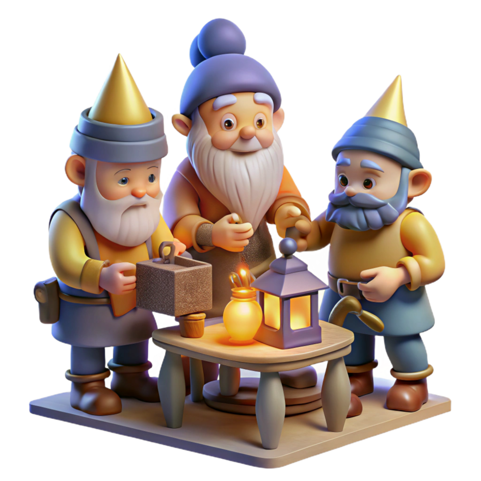 dramatic nostalgic abstract A group of gnomes crafting magical artifacts in a workshop lit by glowing lanterns, intricate details high resolution png