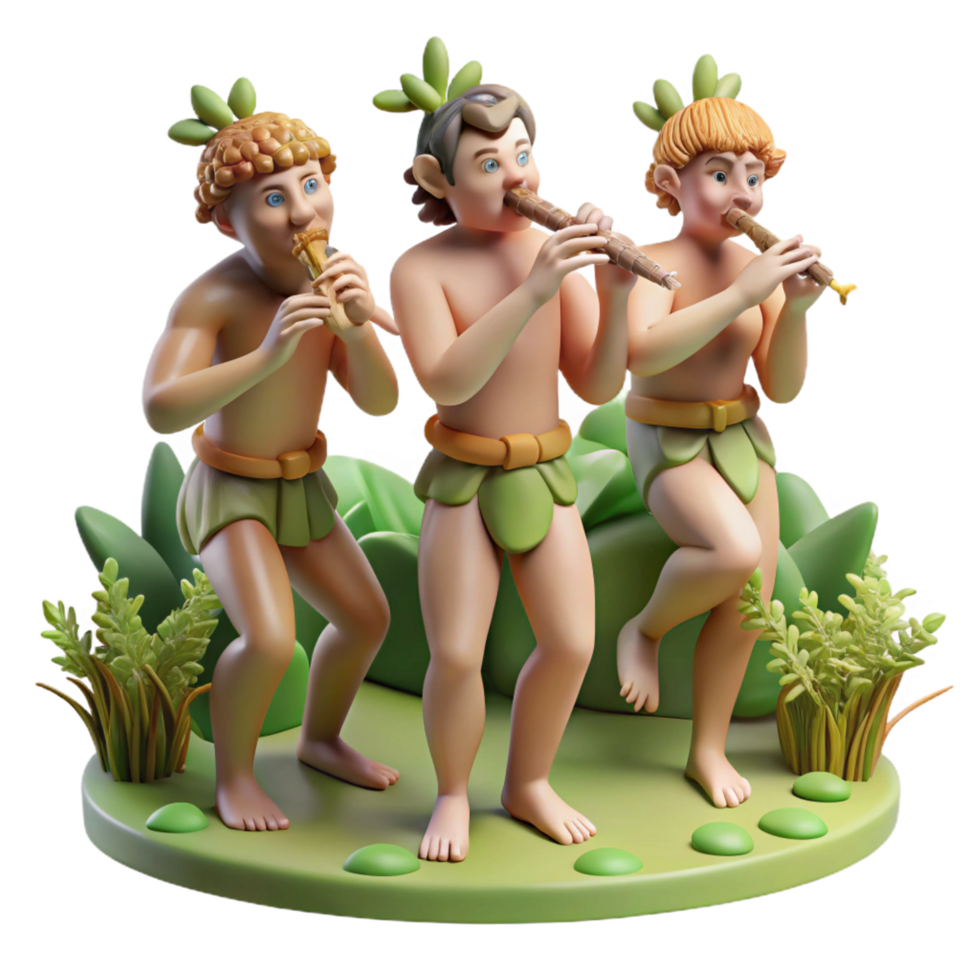 sumptuous traditional A group of satyrs playing panpipes in a forest glade, surrounded by dancing nymphs, idyllic and romantic style museum quality png