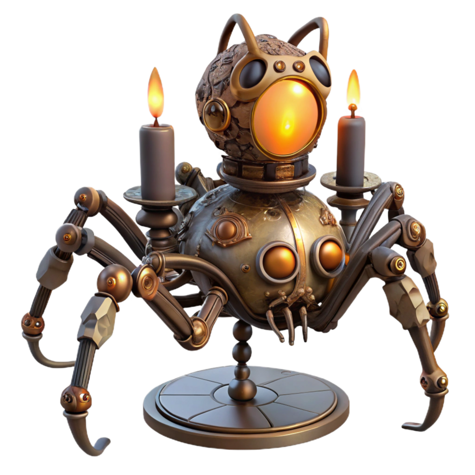 glorious artistic A steampunk automaton shaped like a mechanical spider, crawling across a web of intricate gears, illuminated by a flickering candle. Spooky lighting, gothic style detailed png
