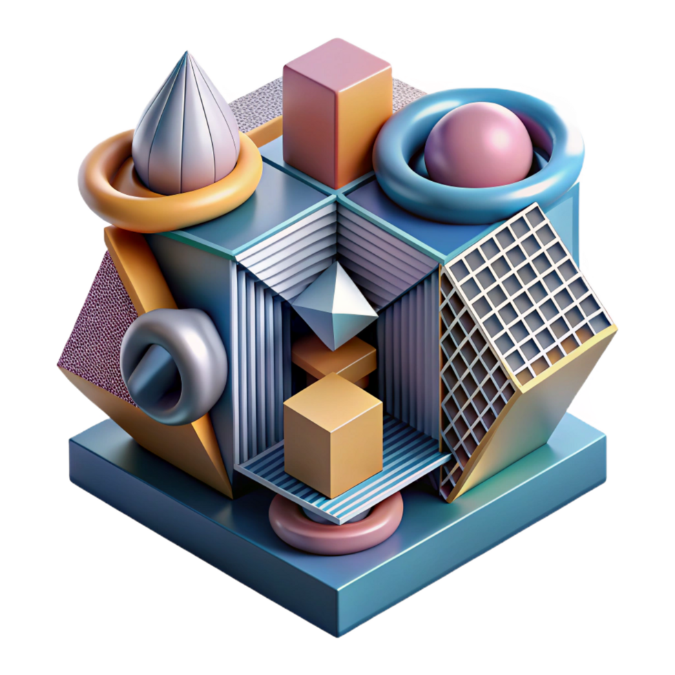 impressive distinctive A complex, layered composition of geometric shapes and patterns, in a bold, graphic style, with high contrast lighting png