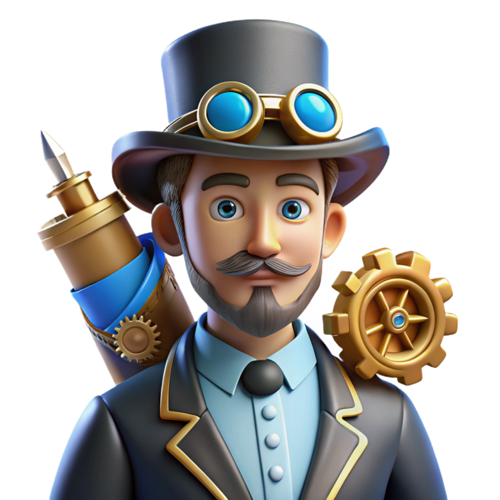 energetic dramatic A portrait of a steampunk inventor, wearing a monocle and a top hat adorned with gears, surrounded by blueprints and tools. Rembrandt lighting high resolution png