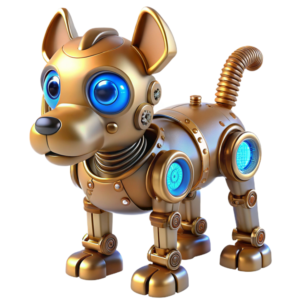 immaculate remarkable A whimsical steampunk robot, resembling a small dog, constructed from gears, springs, and polished wood, with glowing blue eyes. Soft, diffused lighting png