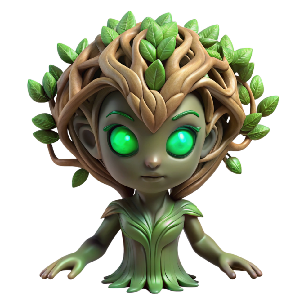 unforgettable traditional A lone, willowy dryad with glowing emerald eyes emerging from a twisted oak, dappled sunlight filtering through the leaves, pre-Raphaelite style detailed png