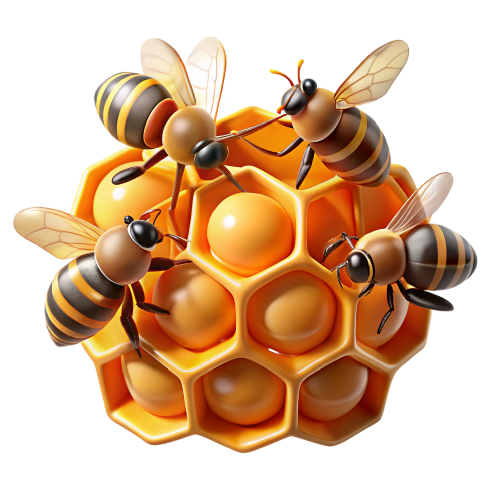 impressive notable A swarm of honeybees buzzing around a honeycomb, macro photography style, warm golden lighting, intricate details png