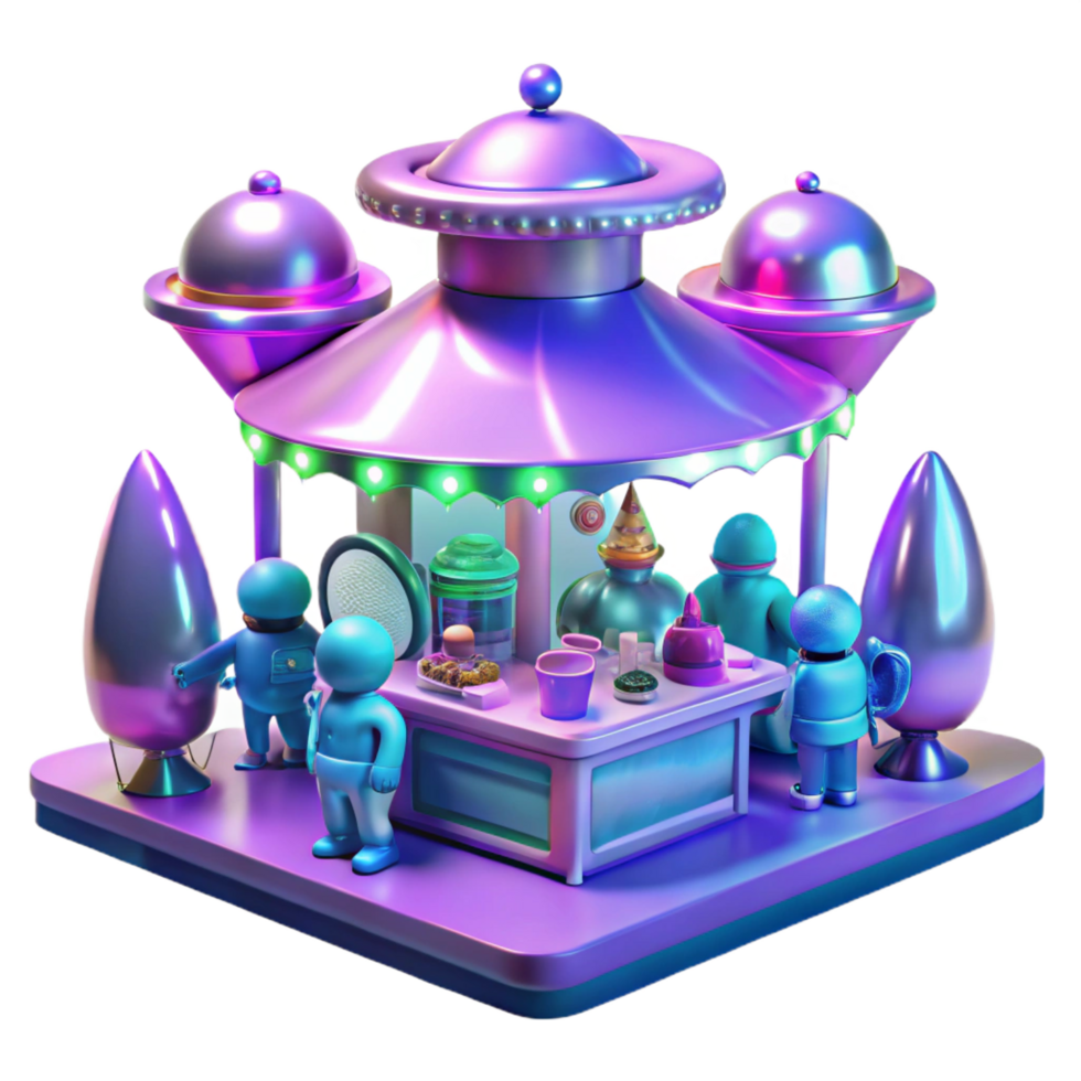 quintessential renaissance A futuristic marketplace filled with exotic alien vendors and holographic displays, vibrant and bustling with activity. High-key lighting. Cyberpunk style impeccable png