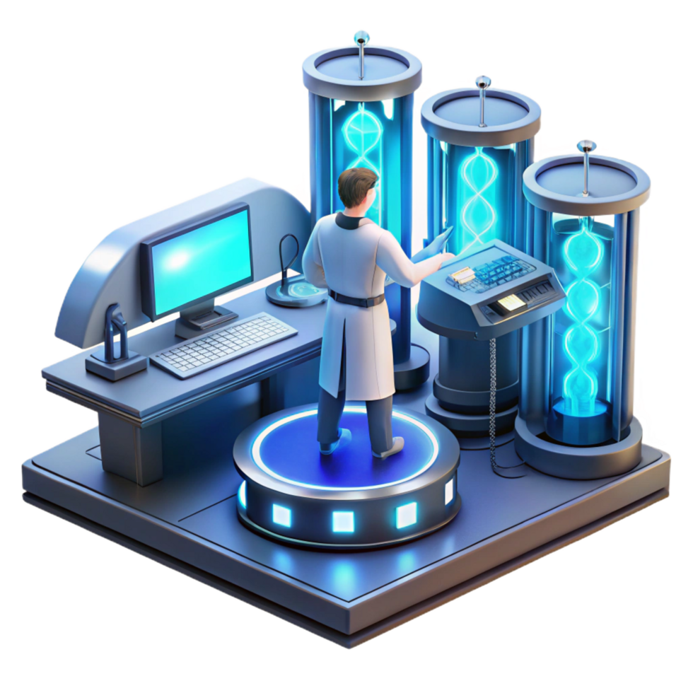 immaculate reflective art deco A lone scientist working in a futuristic laboratory, surrounded by glowing screens and complex equipment. Cool, blue lighting. Cyberpunk style ultra HD png