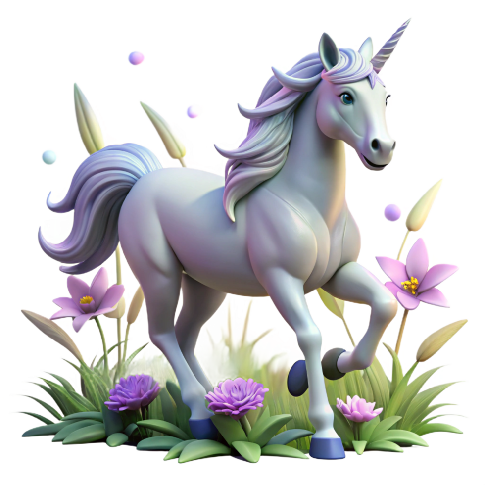 dazzling exemplary A majestic unicorn with a silver mane and horn galloping through a field of ethereal, glowing flowers, soft, dreamy lighting, fantasy art style png