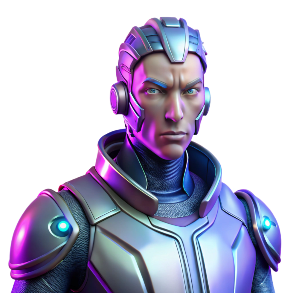 serene mid-century Portrait of a futuristic cyborg with glowing implants, metallic limbs, and a determined expression, lit by neon city lights, in a cyberpunk style top-tier png