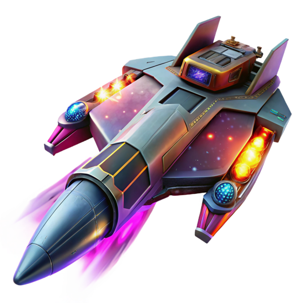 dazzling organic A futuristic spaceship, with glowing engines, soaring through a nebula, illuminated by the vibrant colors of the cosmic dust. Nebula lighting, space opera style professional png
