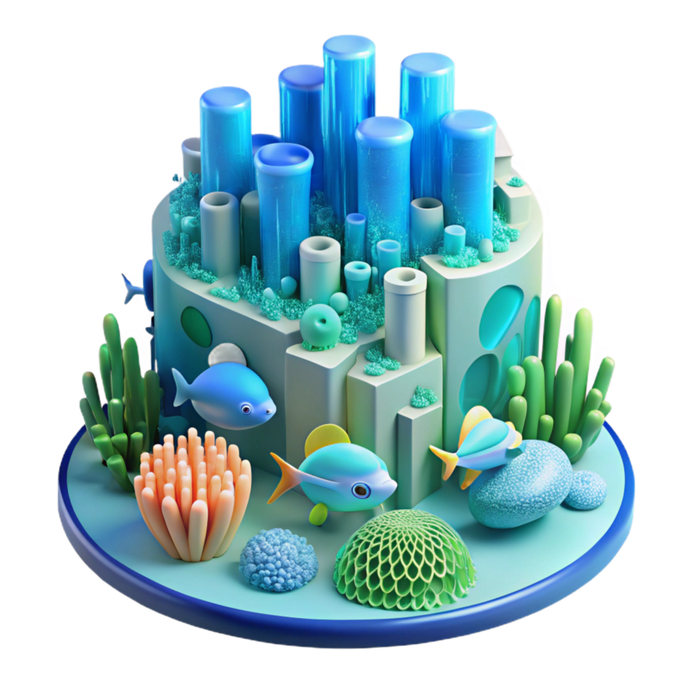 magnificent impressionist An underwater city built of coral and bioluminescent algae, soft blue and green light, organic shapes, schools of fish swimming through the structures 8K png