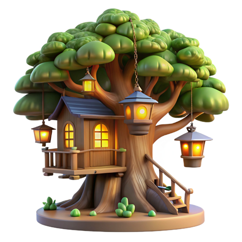 breathtaking memorable A treehouse built into a giant redwood tree, rustic wood construction, glowing lanterns, magical and whimsical png