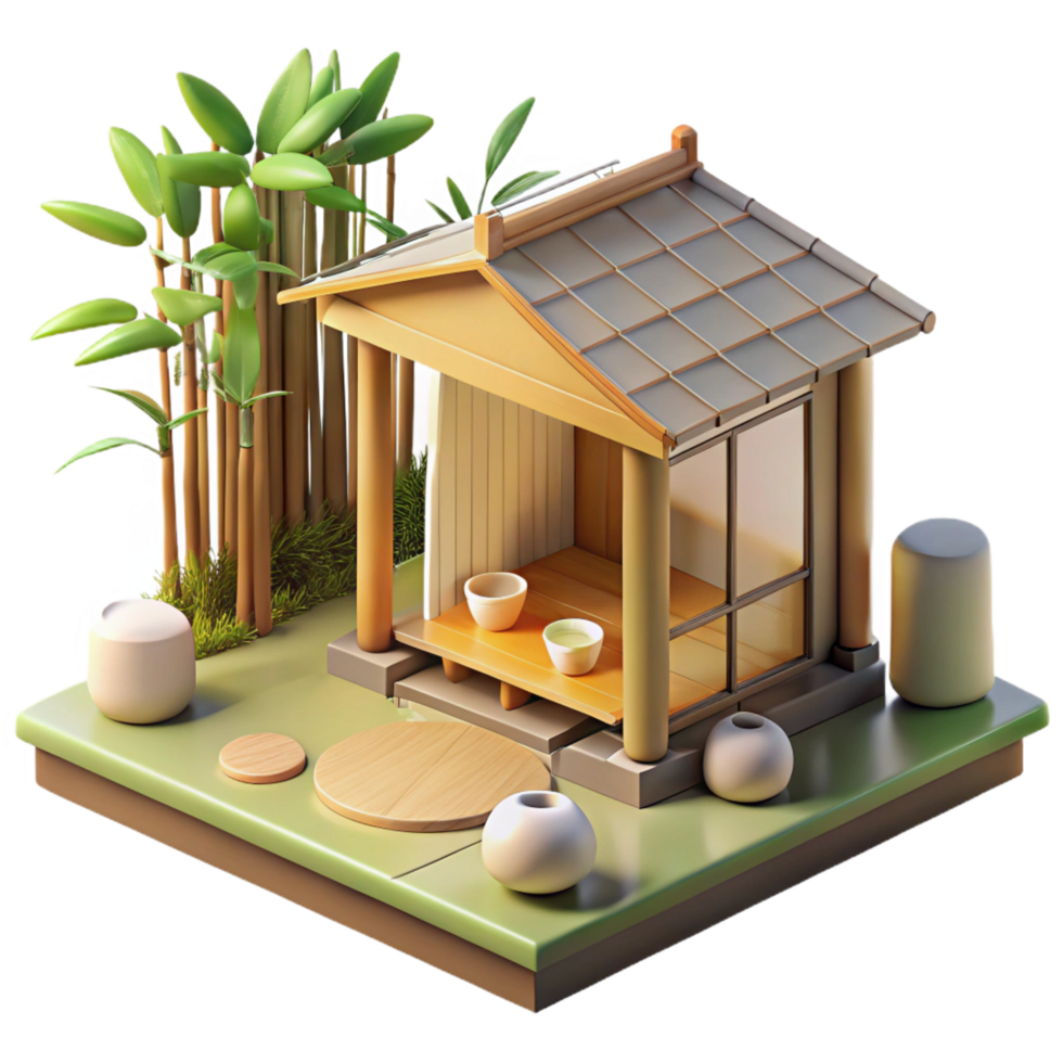 majestic bohemian A minimalist Japanese tea house made of bamboo and paper, soft natural light, surrounded by a zen garden, serene and peaceful crisp png
