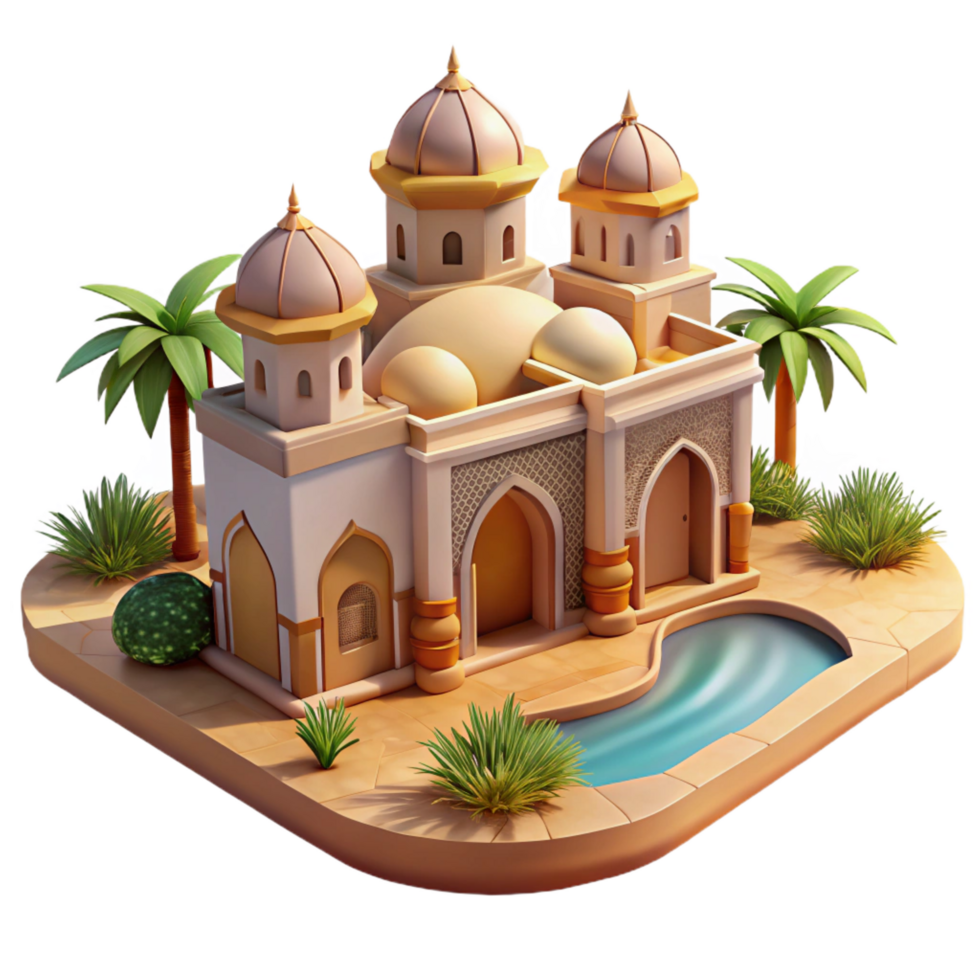 coveted artistic A desert oasis with a Moorish palace, intricate arches and mosaics, palm trees, shimmering heat haze studio quality png