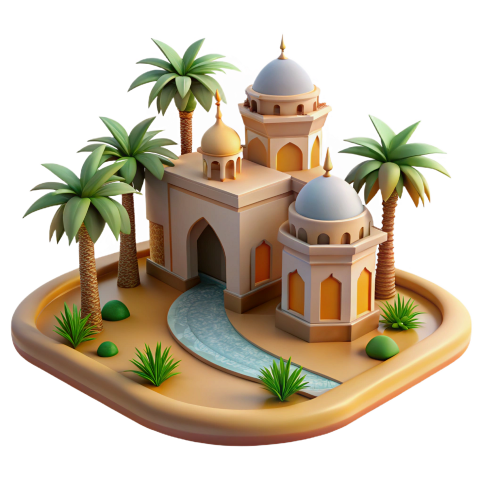 picturesque playful urban A desert oasis with a Moorish palace, intricate arches and mosaics, palm trees, shimmering heat haze genuine png