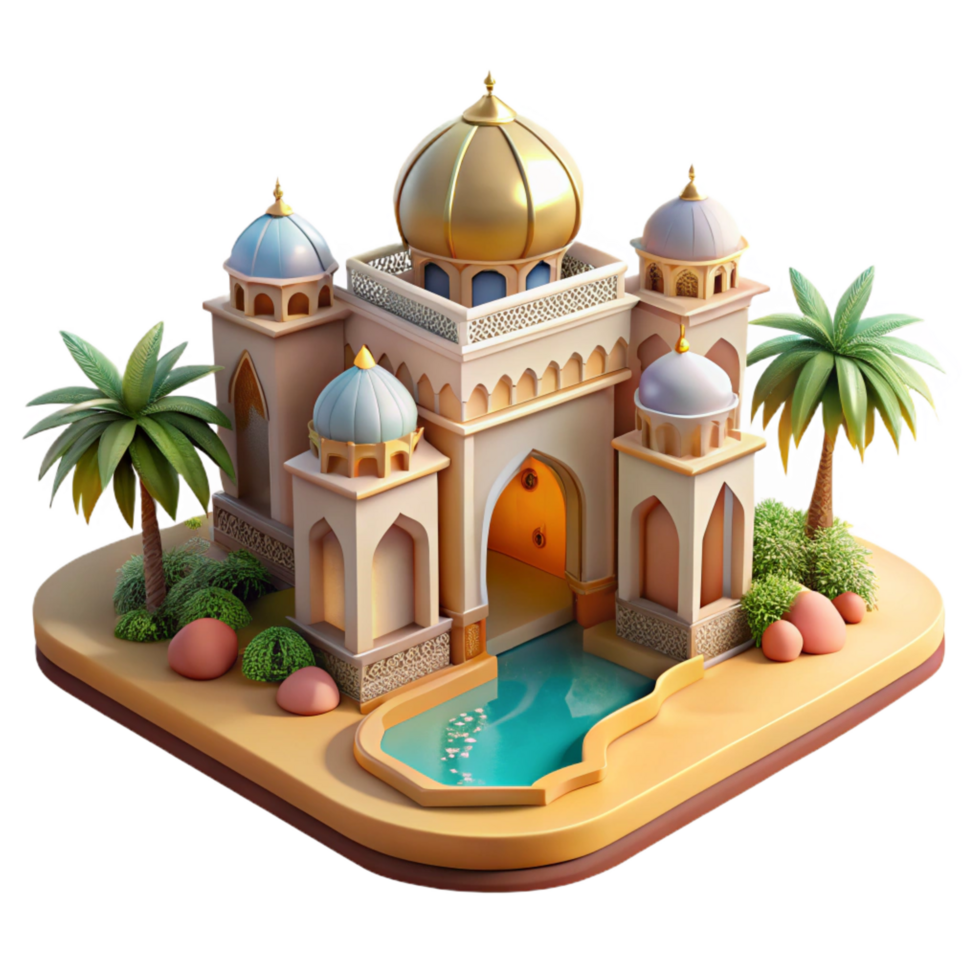 coveted coastal A desert oasis with a Moorish palace, intricate arches and mosaics, palm trees, shimmering heat haze handcrafted png