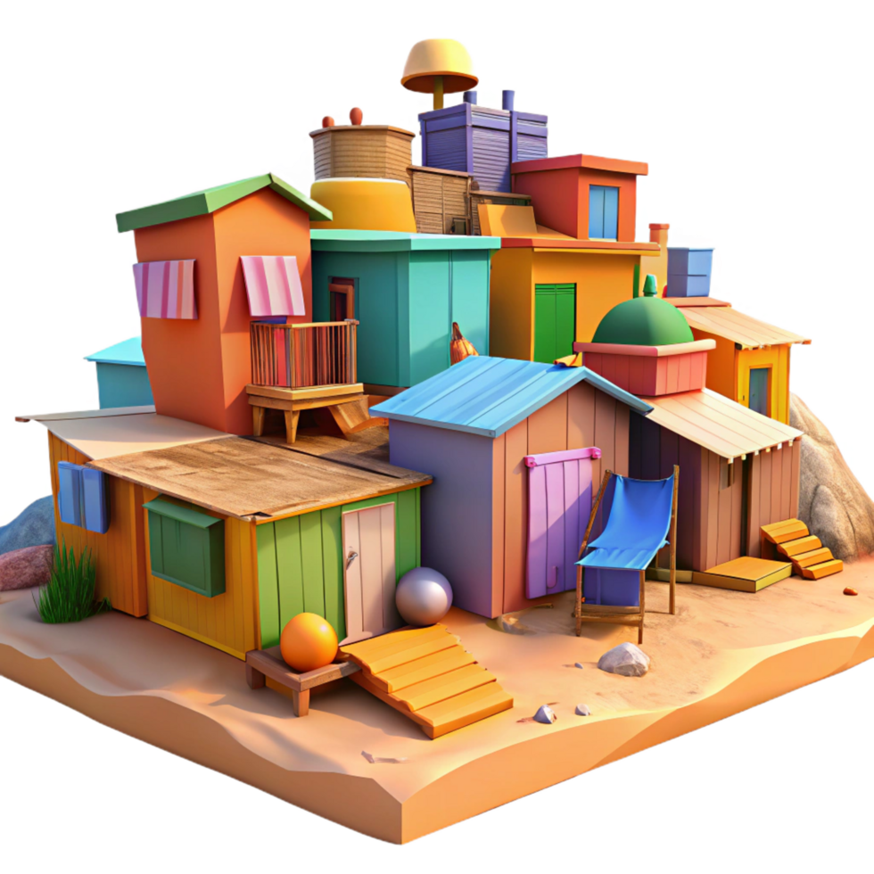 wonderful energetic art deco A shantytown built from scrap materials, vibrant colors, sense of community, warm afternoon light elite png