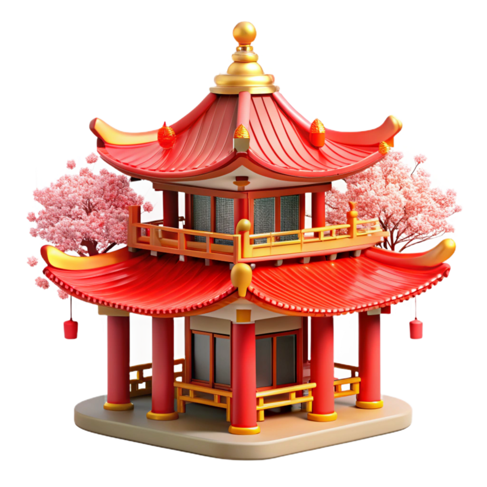 sought-after retro A traditional Chinese pagoda with red and gold details, intricate carvings, surrounded by cherry blossoms genuine png