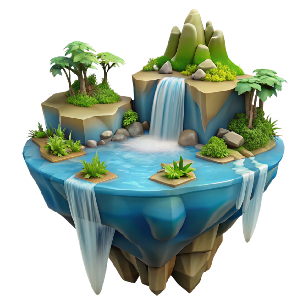 sought-after urban A floating island with waterfalls cascading down the sides, lush vegetation, crystal clear water original png