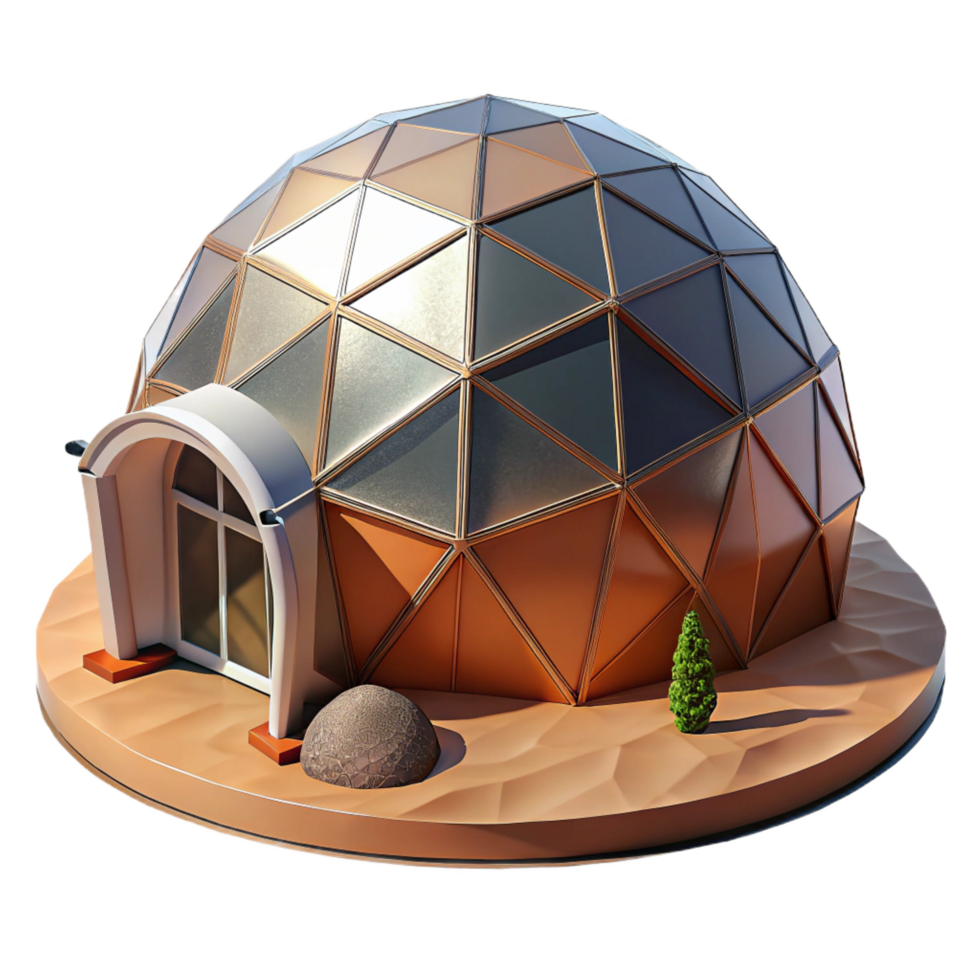 vibrant art deco A geodesic dome house, futuristic design, surrounded by a desert landscape, harsh sunlight ultra HD png