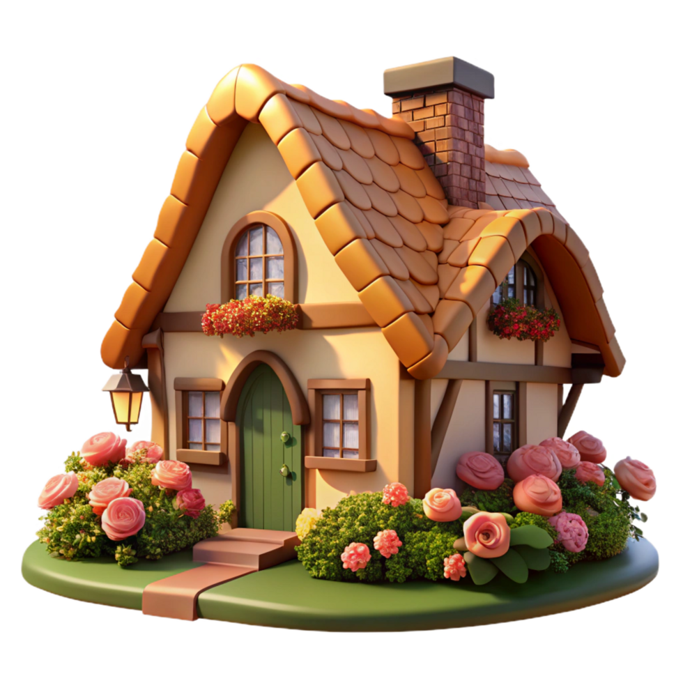 melancholic impressive A traditional English cottage with a thatched roof, flower garden, climbing roses, warm afternoon light professional png