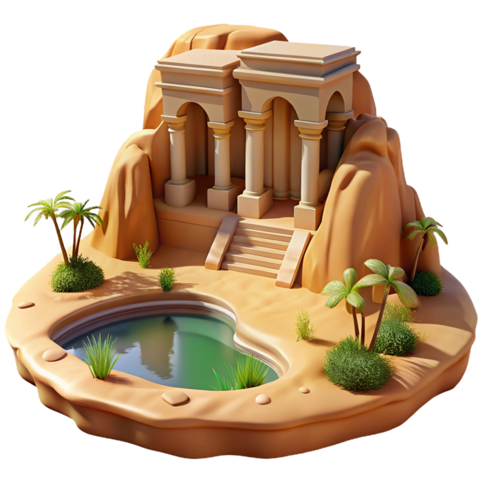 glorious distinguished Desert oasis with a hidden temple carved into sandstone cliffs, harsh midday sun, photorealistic style png