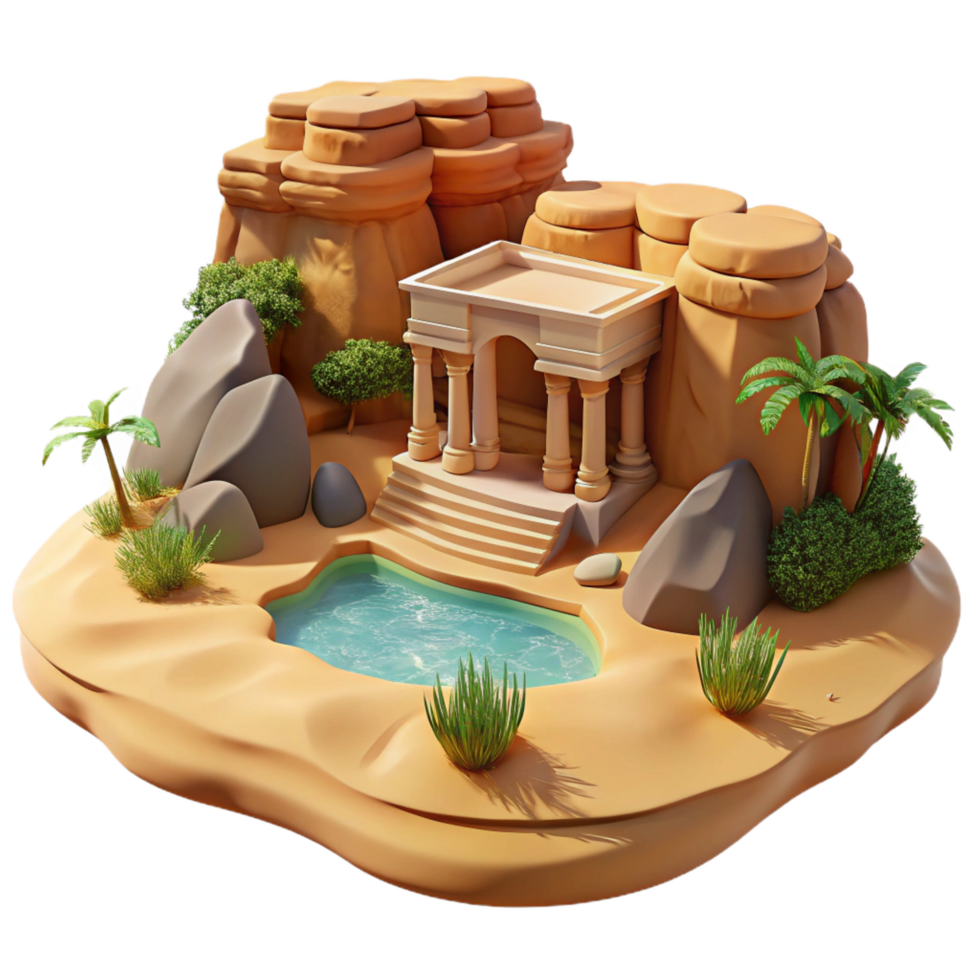 splendid acclaimed Desert oasis with a hidden temple carved into sandstone cliffs, harsh midday sun, photorealistic style png
