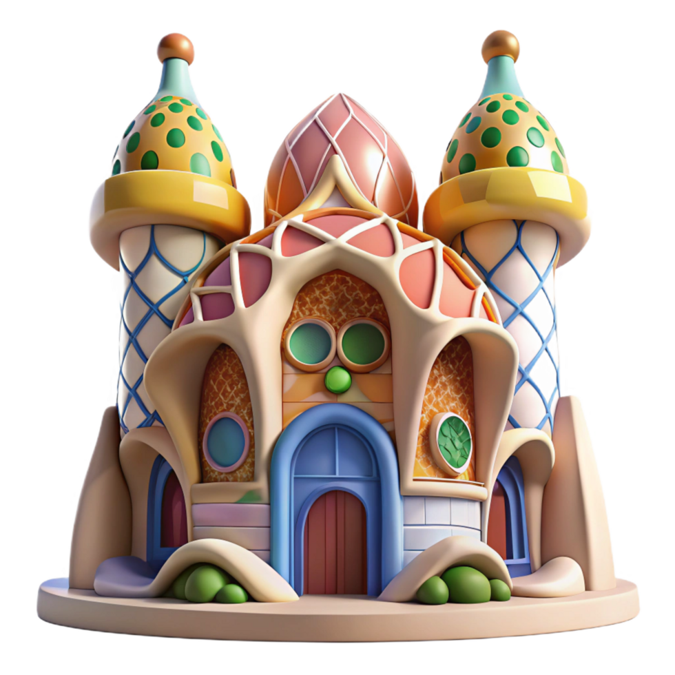 playful dramatic Gaudi inspired building with colorful mosaics and organic shapes, bright Mediterranean sunlight, whimsical architectural style ultra HD png