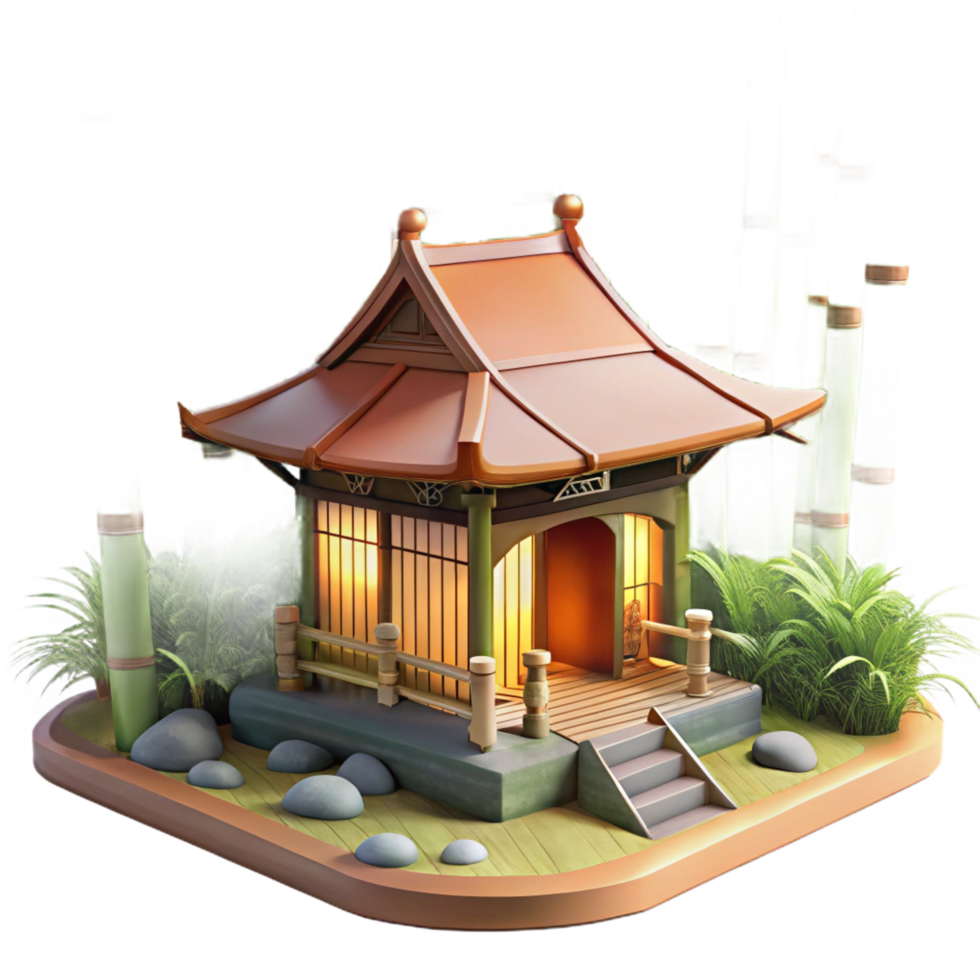 energetic enchanting A Japanese tea house nestled in a bamboo forest, soft morning light, watercolor painting style professional png