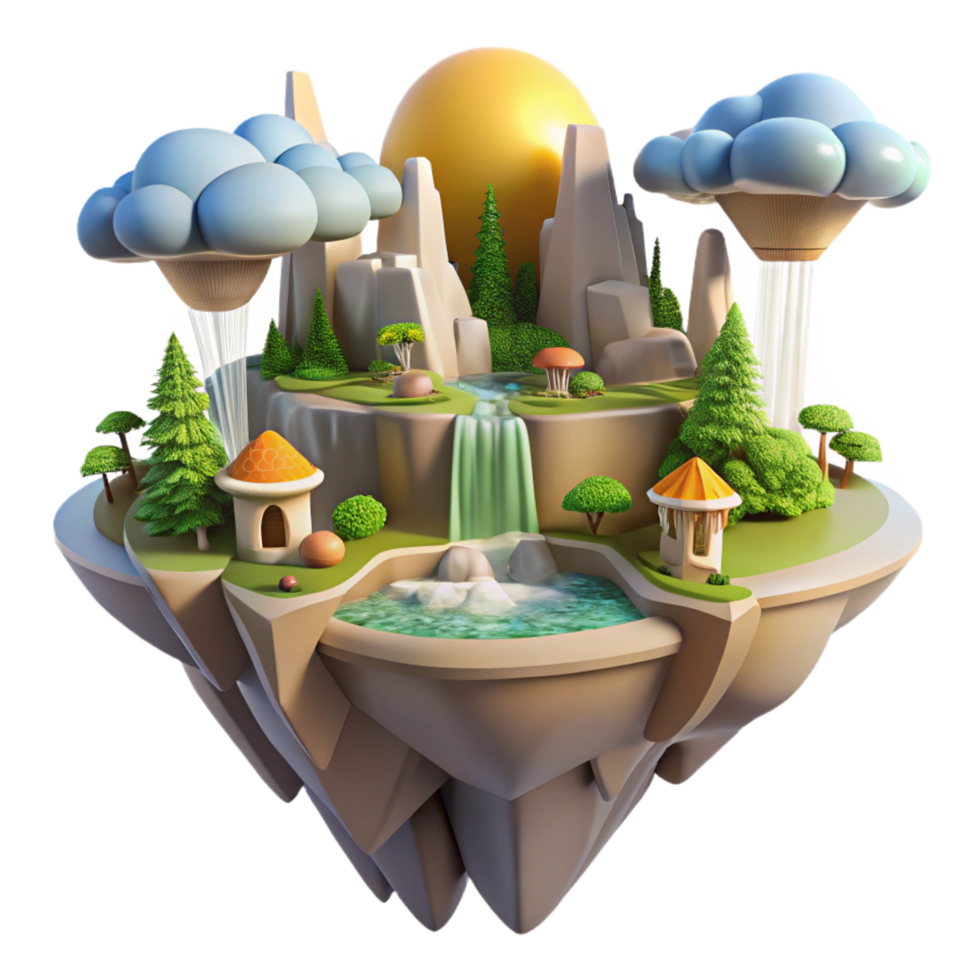 romantic picturesque Floating island city with waterfalls cascading down its sides, lush greenery, vibrant midday sun, dreamlike style genuine png