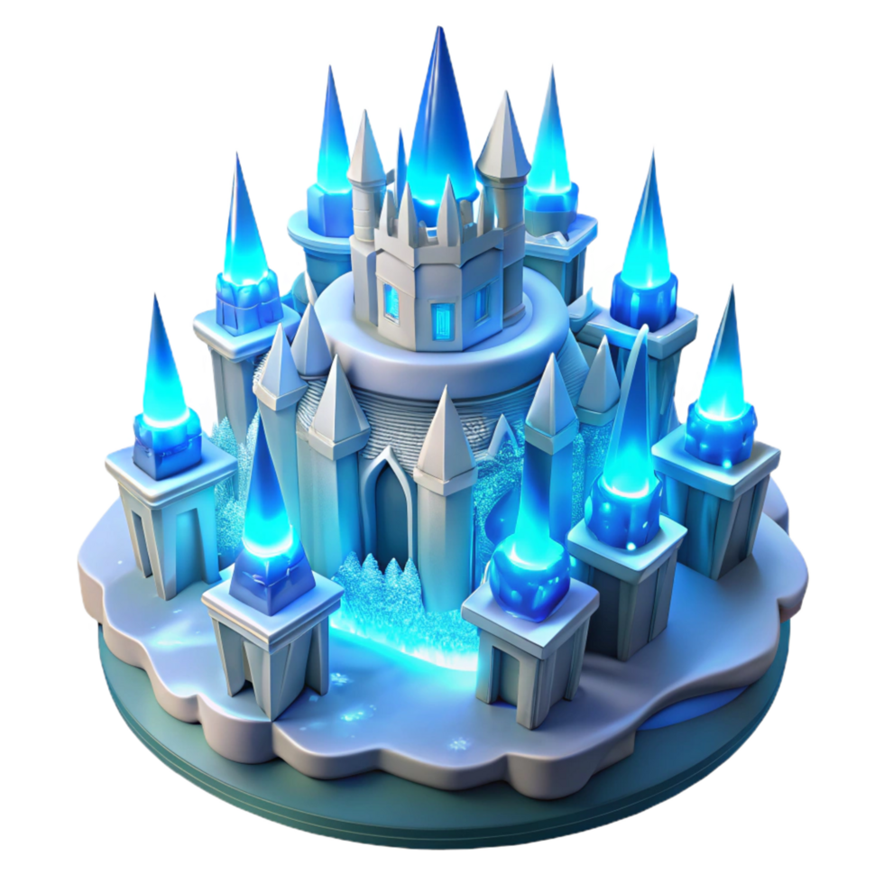 sought after geometric An intricate ice castle with glowing blue and white lights, winter wonderland scene perfect clarity png