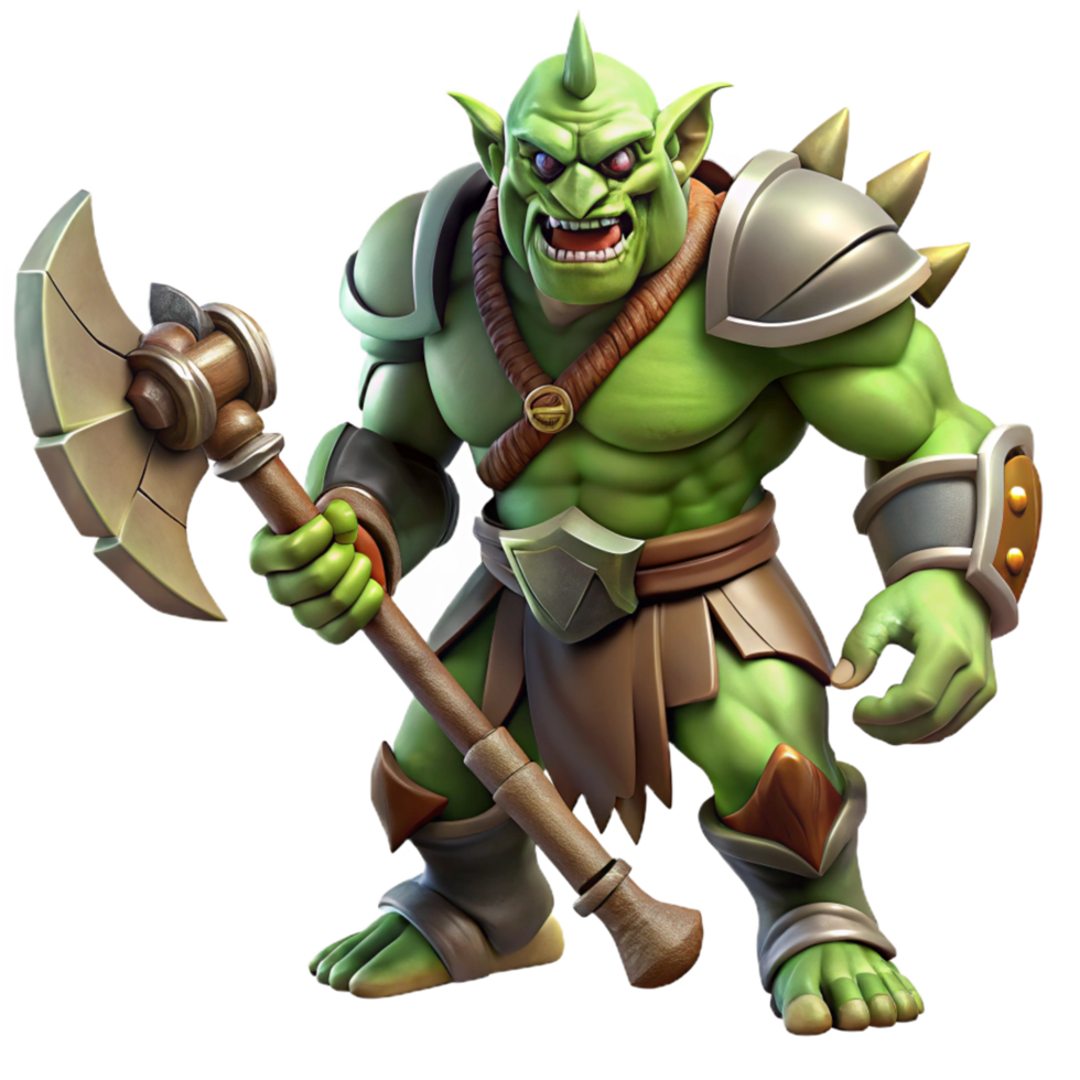 immaculate peaceful mid century A fierce, orc warrior wielding a massive axe, dramatic backlighting, dark fantasy style refined png
