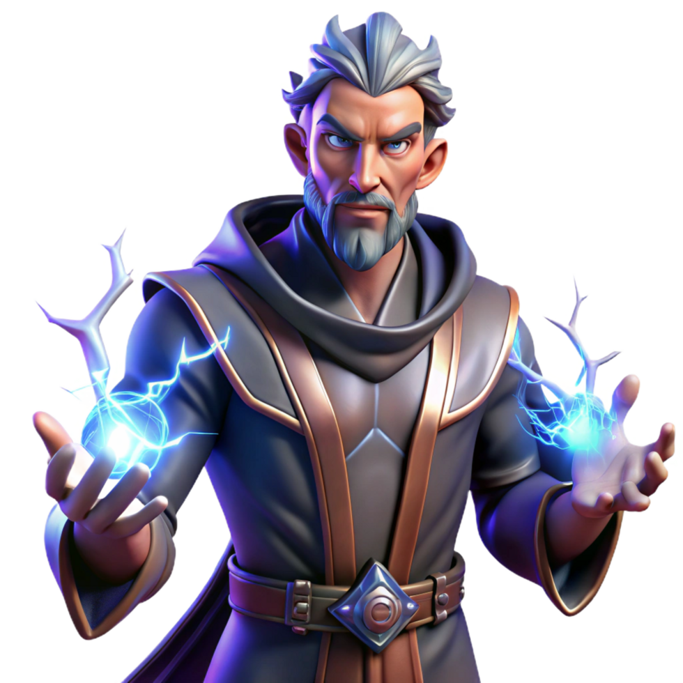 serene sought after Portrait of a powerful sorcerer with glowing hands and intricate tattoos, their expression focused and intense, lit by crackling bolts of magical energy png