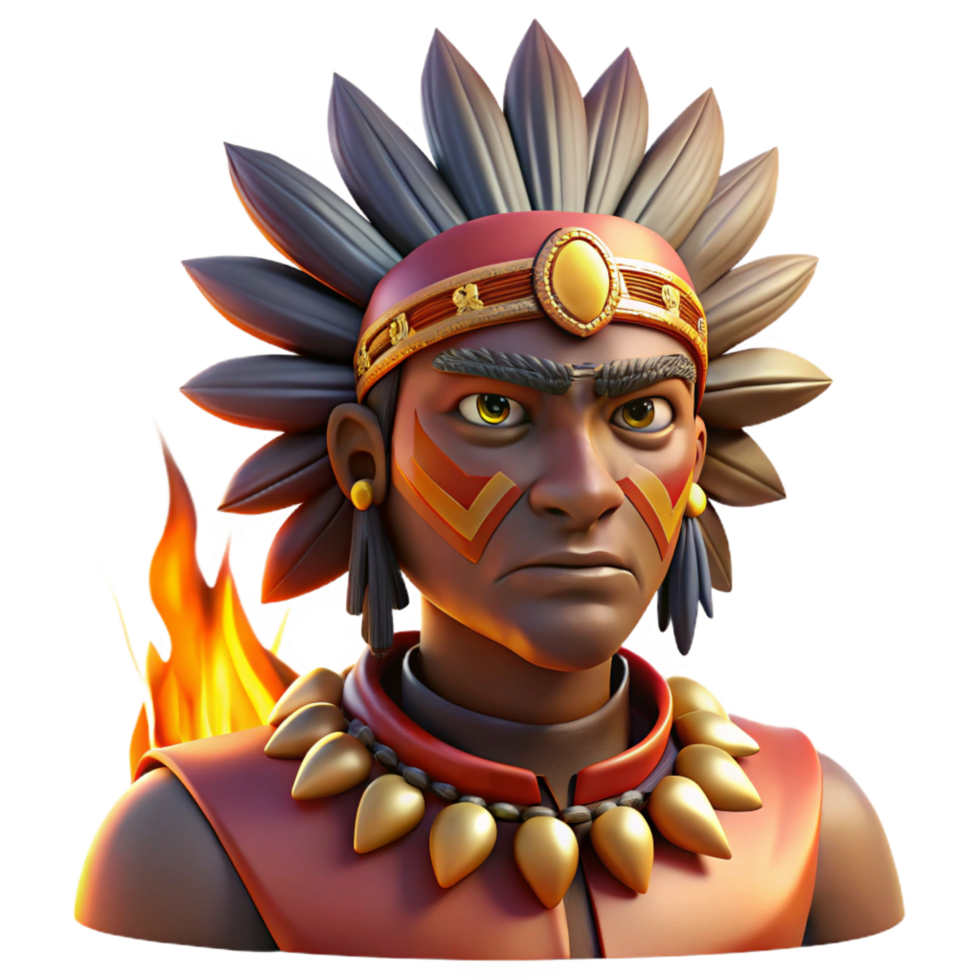 majestic signature Portrait of a tribal chieftain with elaborate face paint and headdress, illuminated by the warm glow of a campfire, in a realistic portrait style png