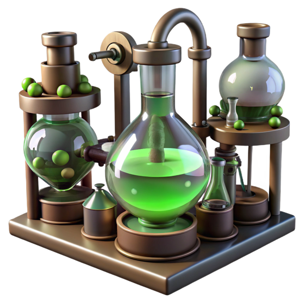 romantic stunning A steampunk laboratory, filled with bubbling beakers and strange devices. Greenish, eerie lighting. Gothic style fine detail png