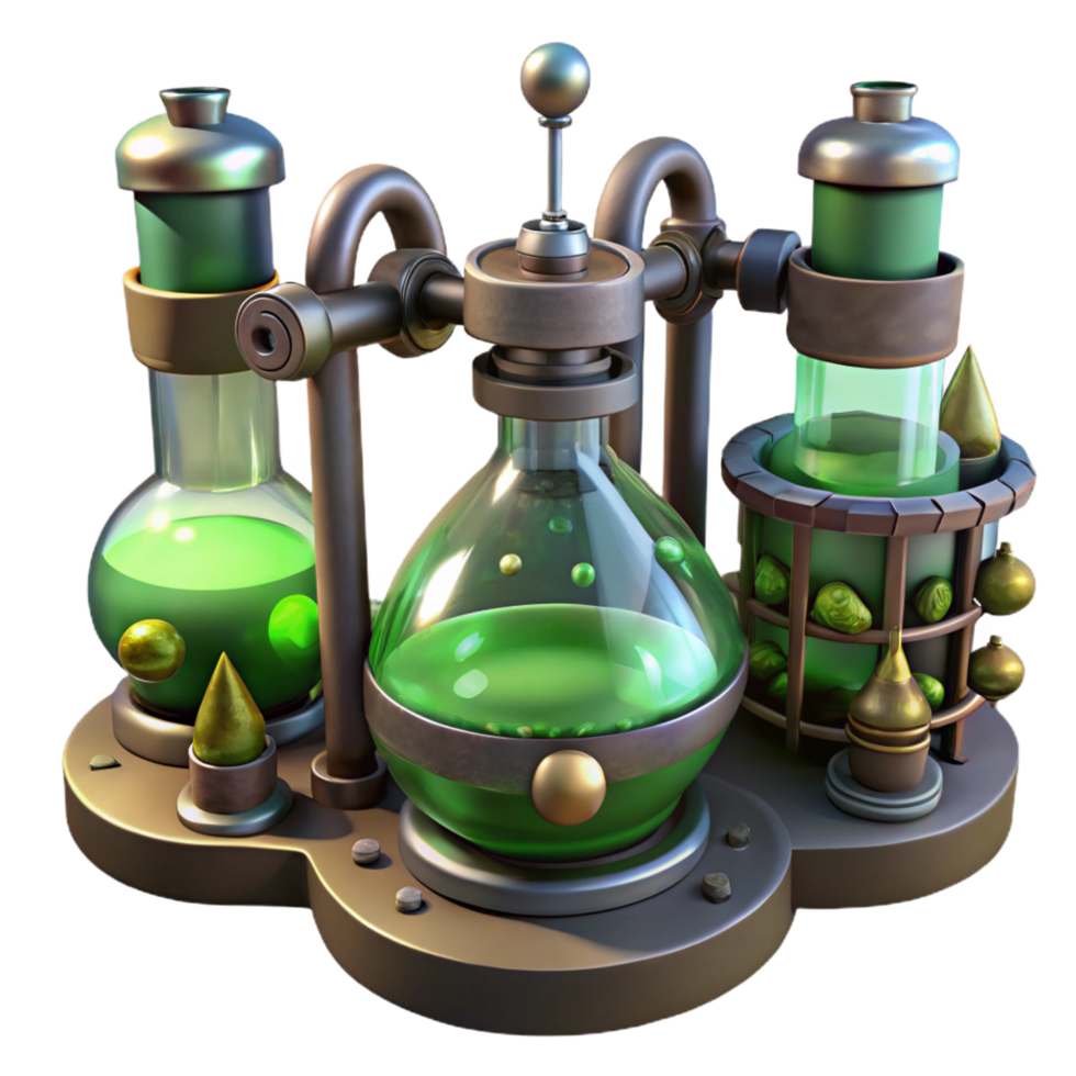 picturesque classic A steampunk laboratory, filled with bubbling beakers and strange devices. Greenish, eerie lighting. Gothic style high resolution png