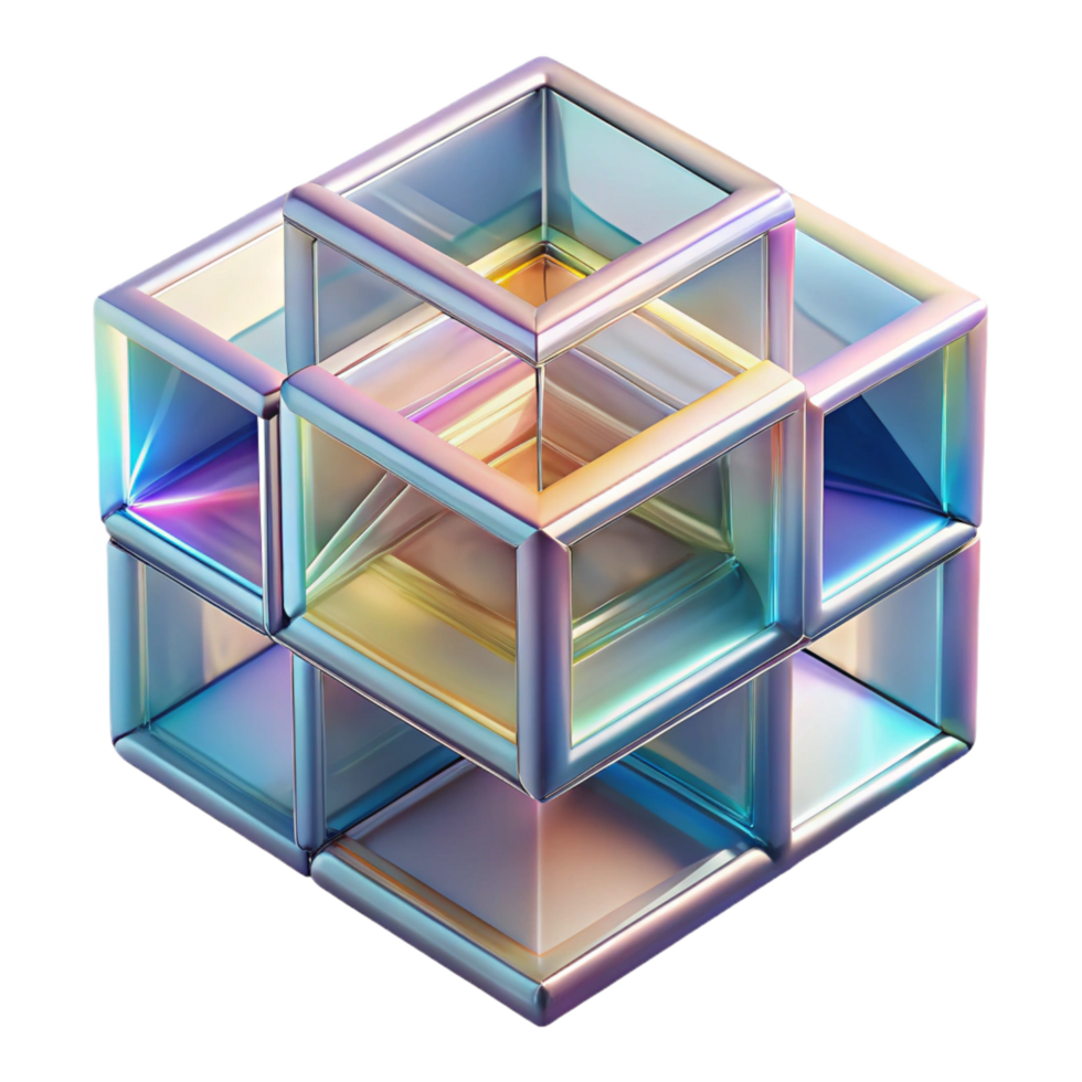 pristine tranquil mid century A complex, layered structure of translucent, geometric forms, refracting light in a spectrum of colors, in a futuristic, minimalist style precision png