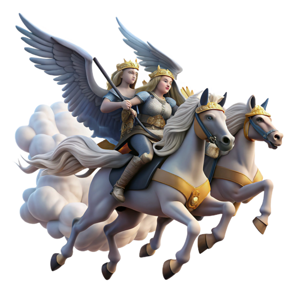 dazzling urban A group of Valkyries riding winged horses across a stormy sky, carrying fallen warriors to Valhalla. Norse mythology, dramatic lighting impeccable png