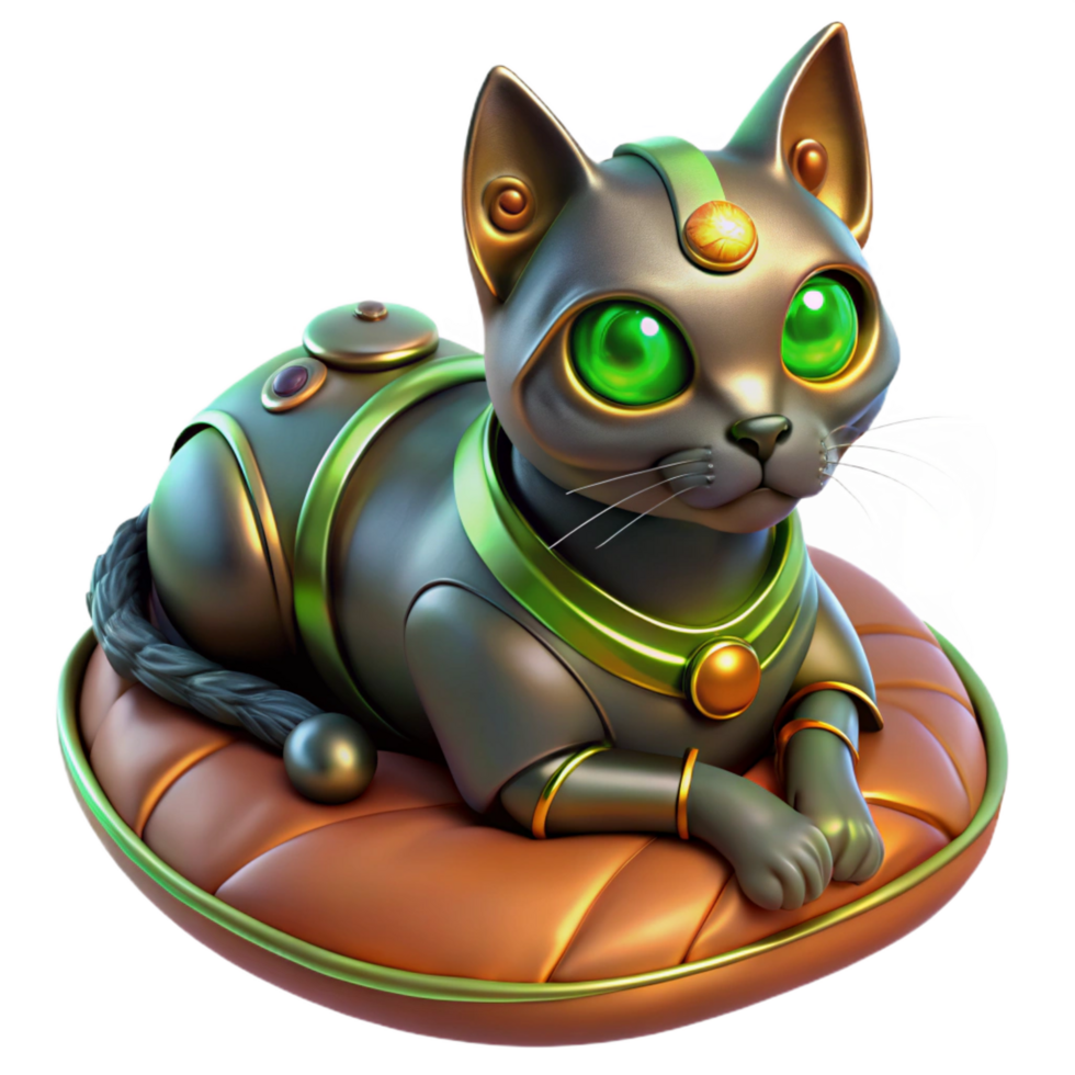 romantic impressive A steampunk robotic cat with glowing green eyes and intricate copper wiring, curled up on a velvet cushion, soft, diffused lighting, digital painting style original png