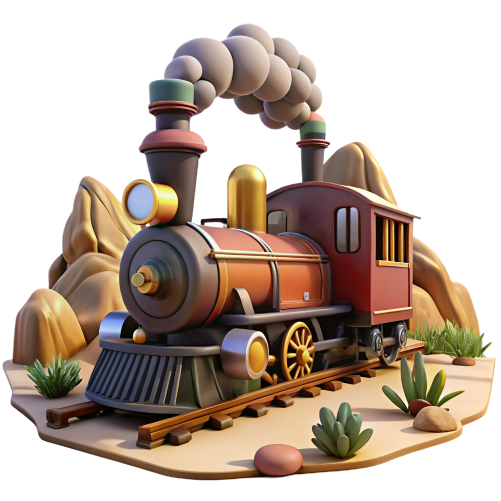 vibrant distinctive A steampunk train speeding through a desert landscape, steam billowing from its smokestack, bright, midday lighting, western style png