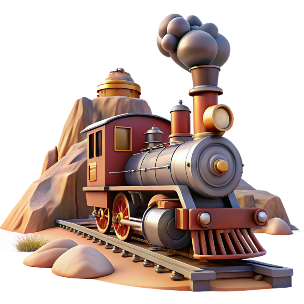 picturesque reflective avant garde A steampunk train speeding through a desert landscape, steam billowing from its smokestack, bright, midday lighting, western style expertly shot png